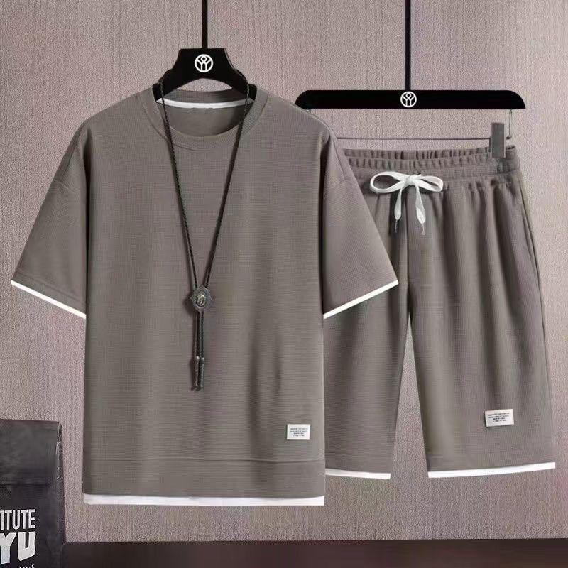 Men's Summer Sportswear: Waffle Short Sleeve T-Shirt + Shorts 2-Piece Set