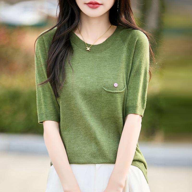 

Весняний жіночий вовняний в язаний кардиган з коротким рукавом, футболка, круглий виріз. XL ліс зелений колір