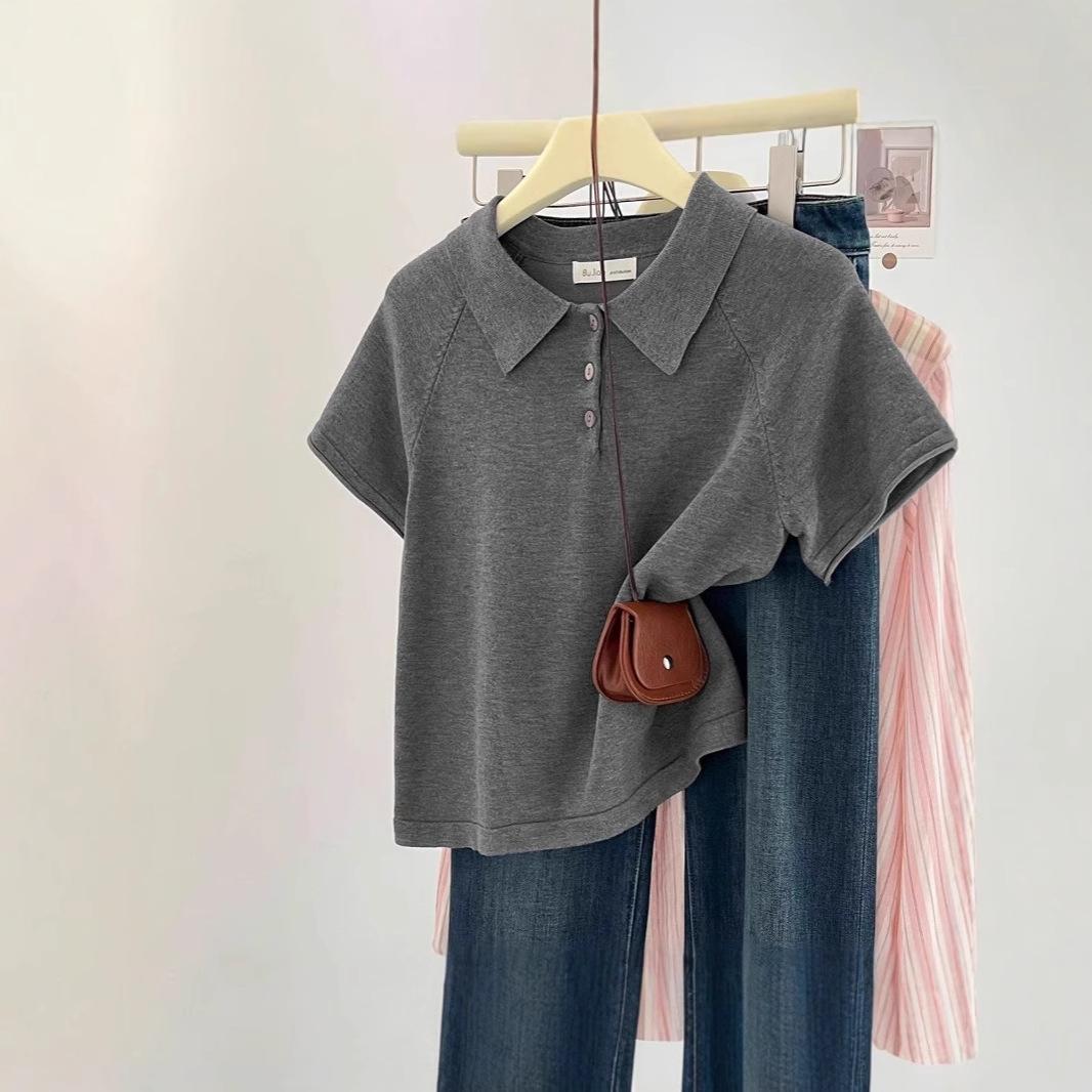 

Gray Short-sleeved T-shirt for Women Summer High-end American Style Shoulder Knitwear Short Lapel Top OneSize серый