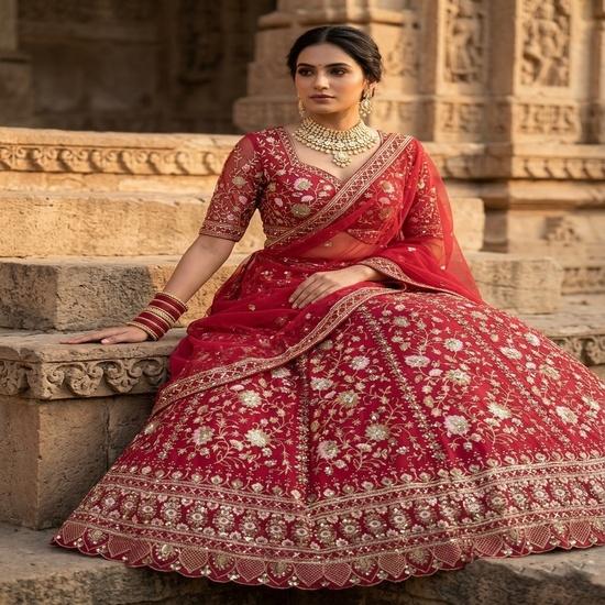 Women's Bridal Embroidered Semi-Stitched Lehenga Choli Set with Net Dupatta & Zari Work