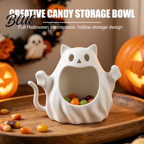 Holiday Seasonal Ornaments 3D Printed Halloween Ghost Cat Storage Holder Decorative Kitten Statue with Unique Lover Gifts Hollow Storage Candy Bowl