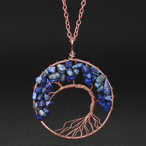 Hand-Wound Natural Stone Crystal Ancient Red Copper Curved Tree Of Life Curved Tree Necklace N01