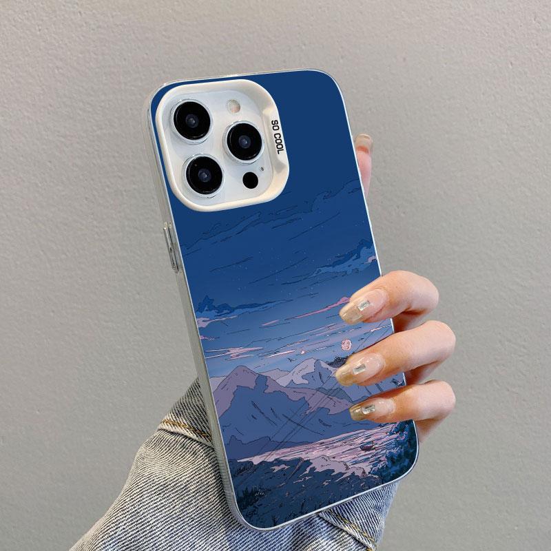 Anime Sky Landscape Art Painting Laser Phone Case For iPhone 12 13 Mini Pro Max 11 14 16 15 Pro Max Plus Shockproof Cover Fundas