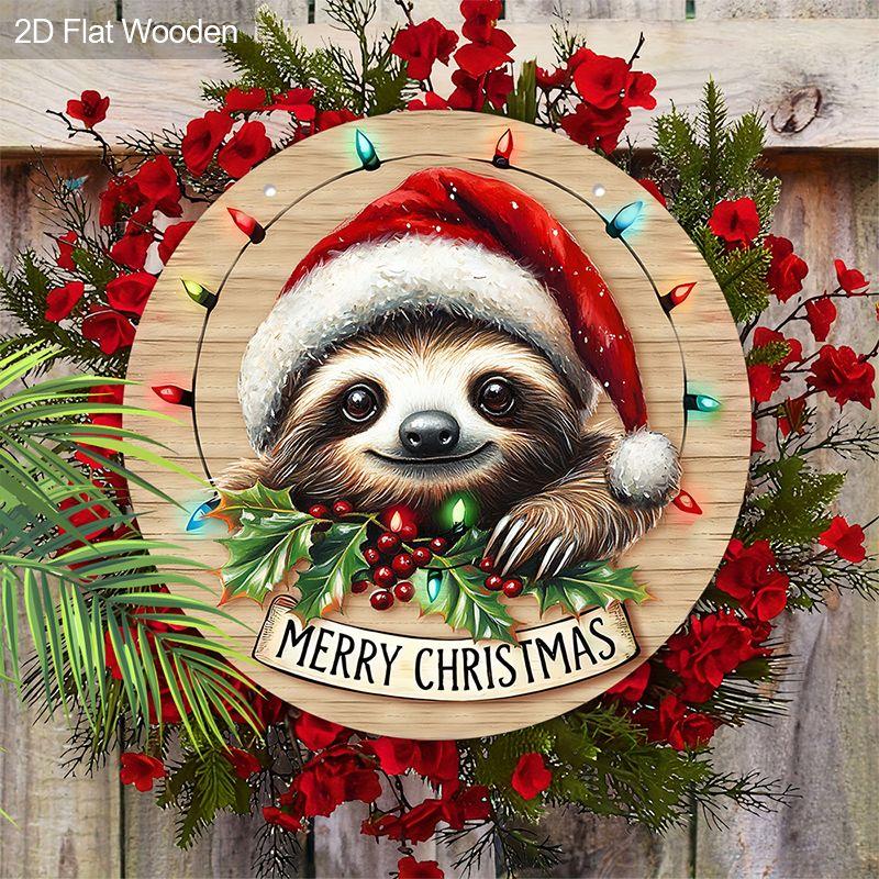 Weihnachtsdekorationsschild, hängende Innendekoration, 2D flache Holzprodukte mit Faultier im Weihnachtsmannhut-Muster, Weihnachtsgeschenke für Freunde und Familie