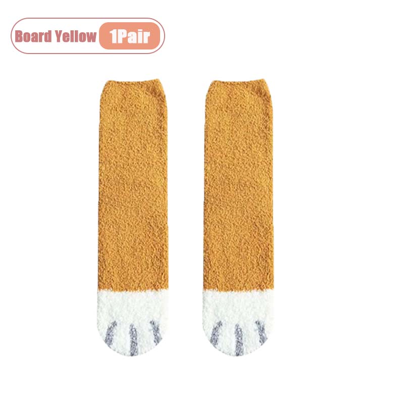 Winter Coral Fleece Socks Mid Calf Cute Cat Paw Design Thickened Warm Sleep Socks for Women Girls Indoor Cold Weather Wear