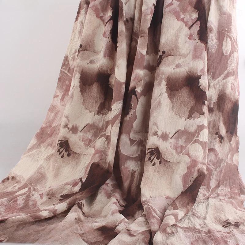 New Ink Print Floral Dress Fabric French Loose Halter Slimming Chinese Style Bubble Skirt Fabric Sewing for Clothes Dresses