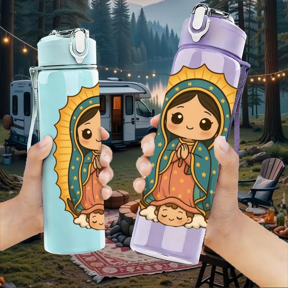 1PC Our Lady Guadalupe Icon Print 750ml Color Plastic Sports Water Bottle Leakproof Flip Straw Lid Suitable for Sports Office Home Use