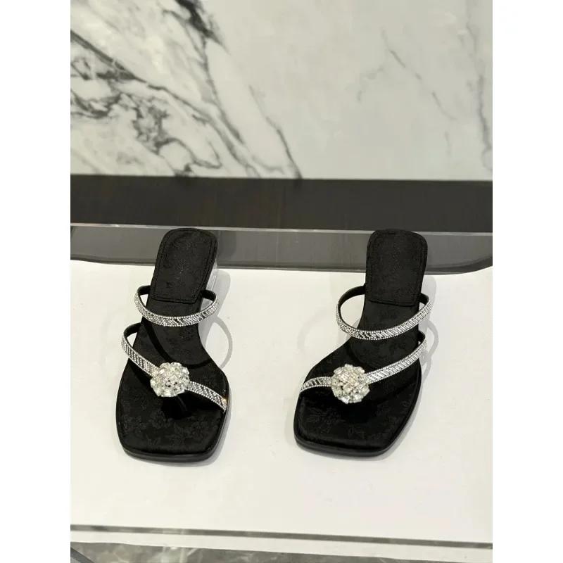 2025 Fashion summer women's sandals outdoor crystal open-toe shoes thick heel elegant and comfortable slippers beach flip-flops