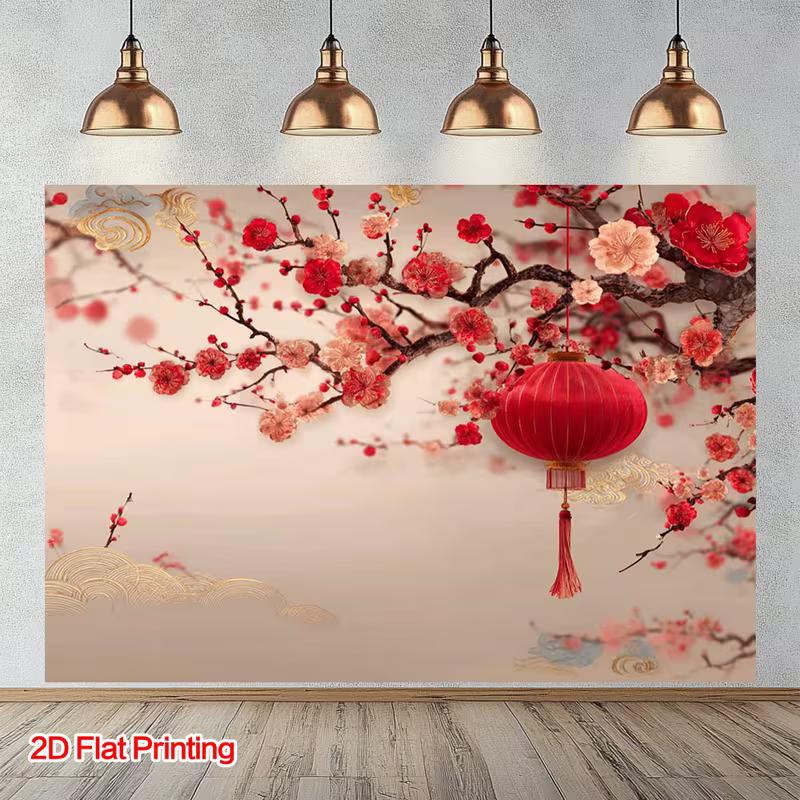 

2D Spring Festival Tapestry, Traditional Red Lantern & Floral Background 47.2x31.5inch/120*80cm