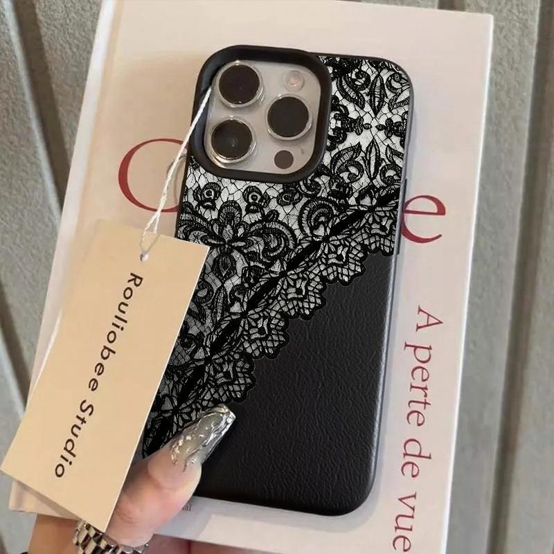 

Black Lace Pattern Personalized Mobile Phone Case For iPhone 16 17 Pro Max 15 Plus 14 13 12 11 17 Air XS XR Faux Leather Cover iPhone 16