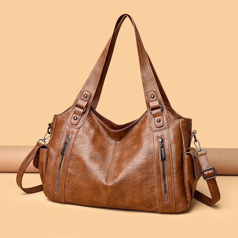 PU Tote Bag Women's Fashion Shoulder Handbag with Zip Pockets Adjustable Strap Large Capacity Daily Bag