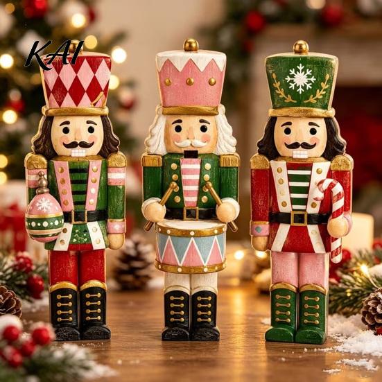 Collectible Christmas Crafts 3 Pcs Wooden Nutcracker Figurine, Traditional Soldier Retro Style Holiday Props Decoration, Vintage Tabletop Centerpiece