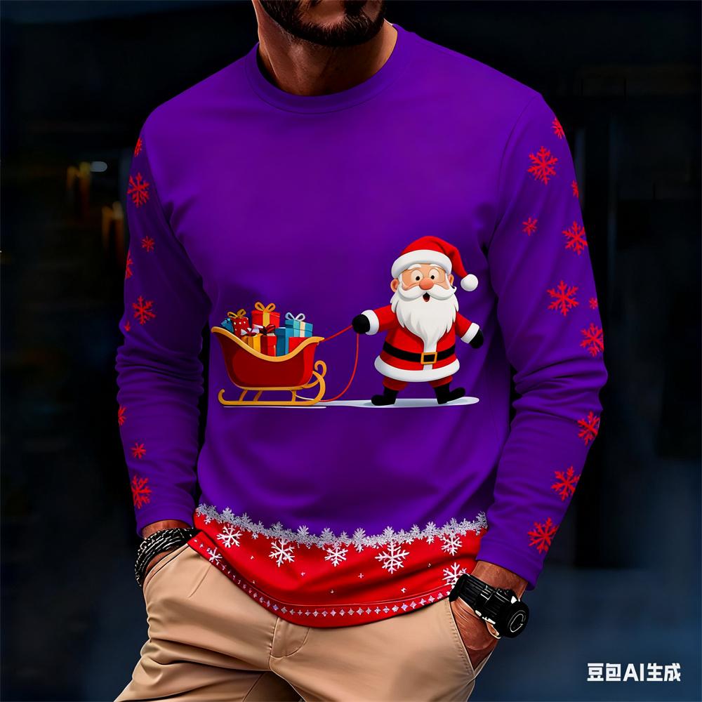 Fashionable Harajuku-style Christmas men's long-sleeve T-shirt, autumn casual round-neck loose top, fun Santa Claus design