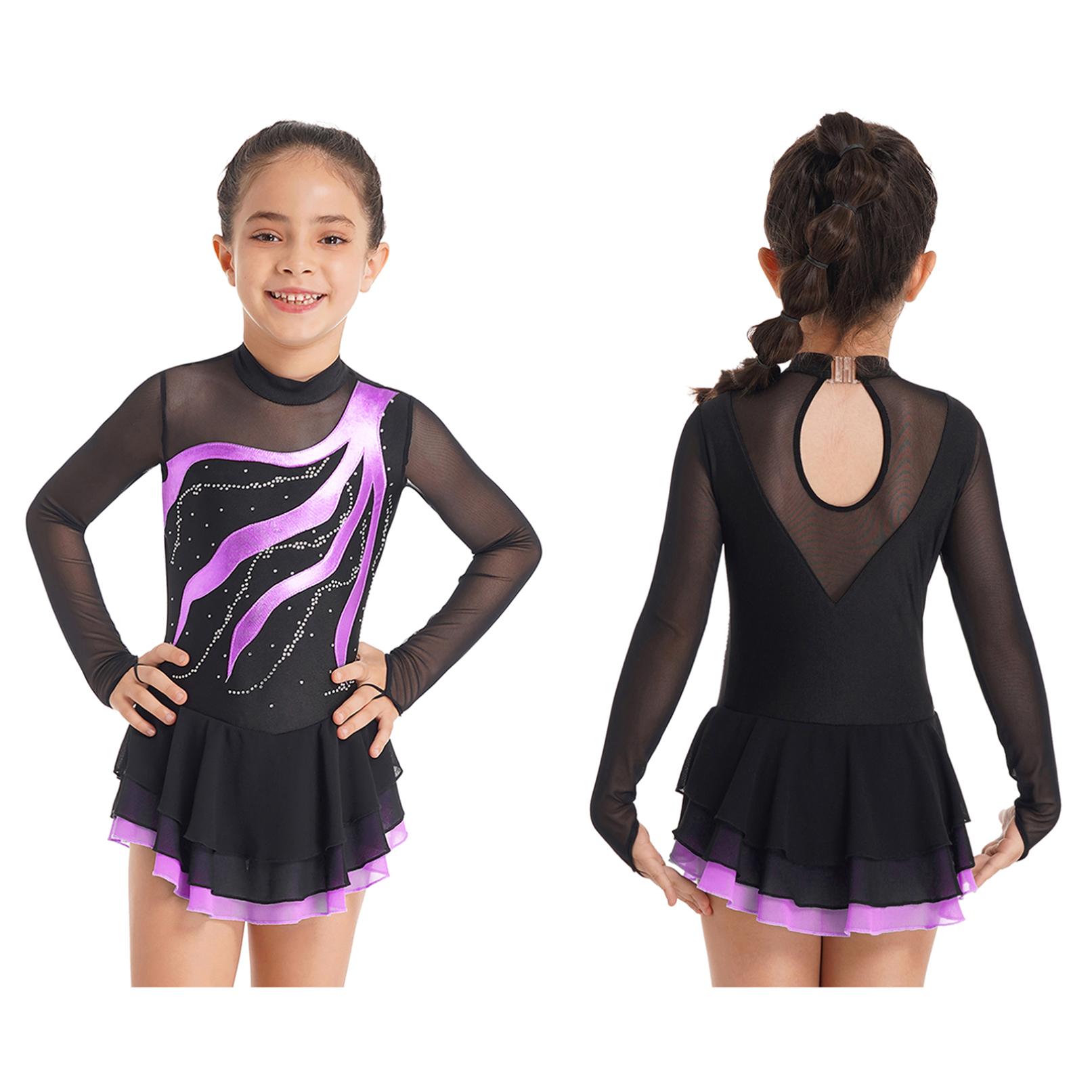 

Блискуча сукня для фігурного катання для дітей, дівчаток, балетна пачка з довгим рукавом, гімнастика, танцювальне трико, танцювальний одяг 5-6 Years фіолетовий