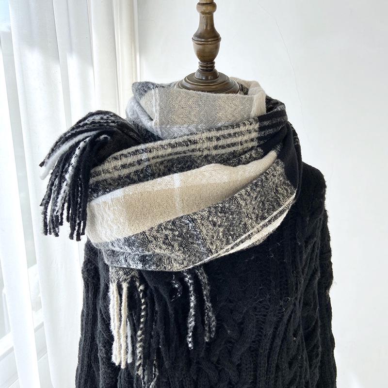 Women's High-End Plaid Tassel Shawl - Imitation Cashmere, Thickened & Warm for Autumn/Winter