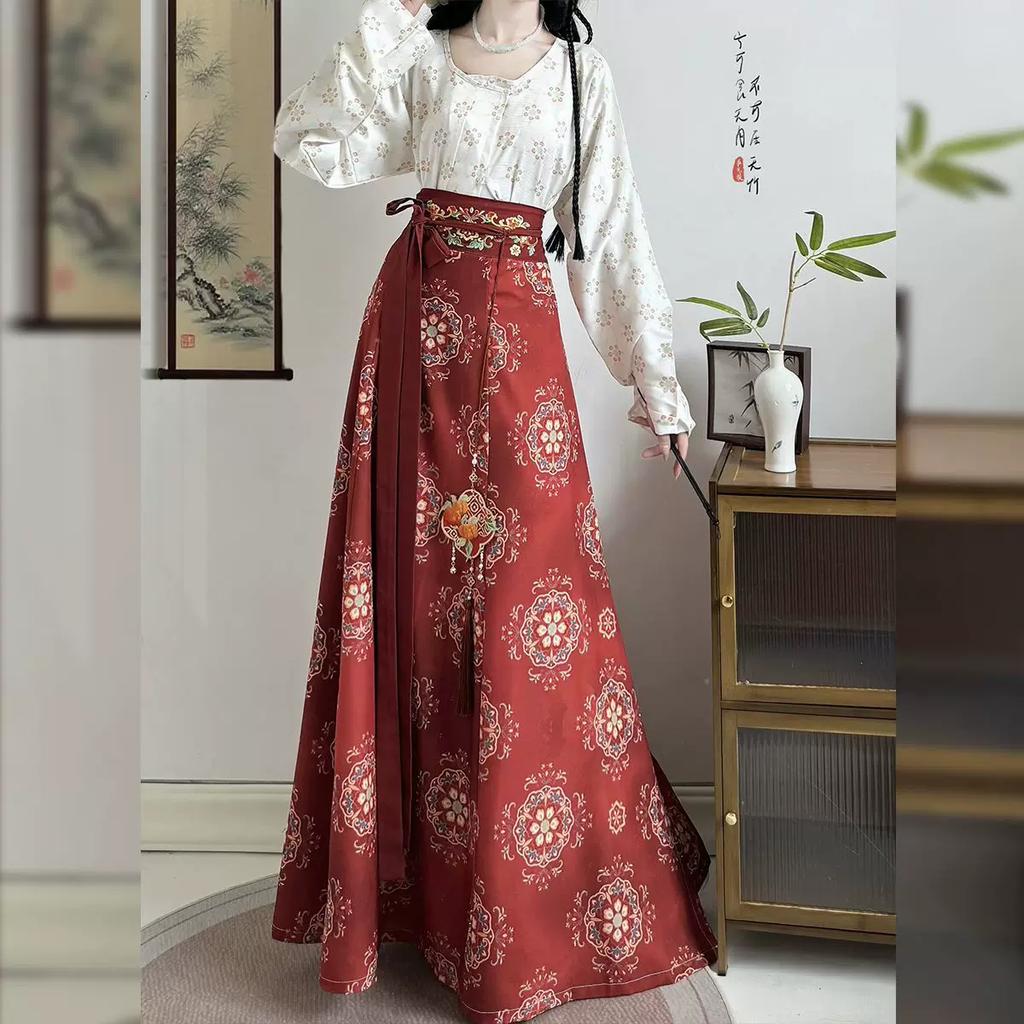 Original Chinese Tang Dynasty Style Hanfu Set, Printed Square Neck Blouse With Embroidered Waist High Skirt, Spring Daily Chinese Traditional Outfit