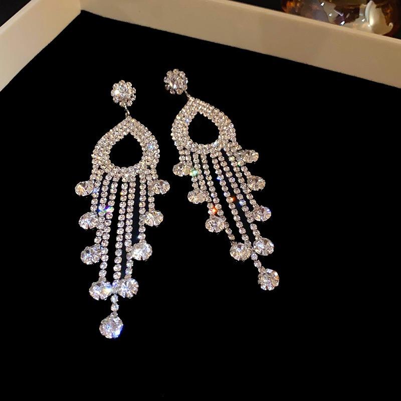 Silver Needle Diamond Flower Water Drop Tassel Earrings Exaggerated Earrings Light Luxury Premium Earrings Women
