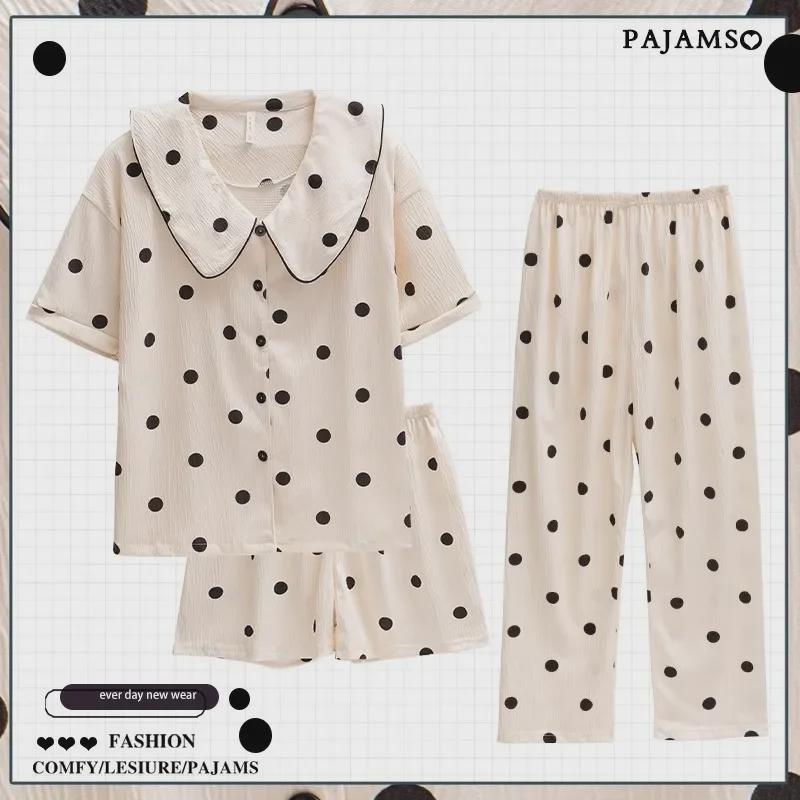 Dopamin Pembesi Çizgili Yazlık Pamuk Krep Pijama Takımı - Kadın Kısa Kollu Üç Parça