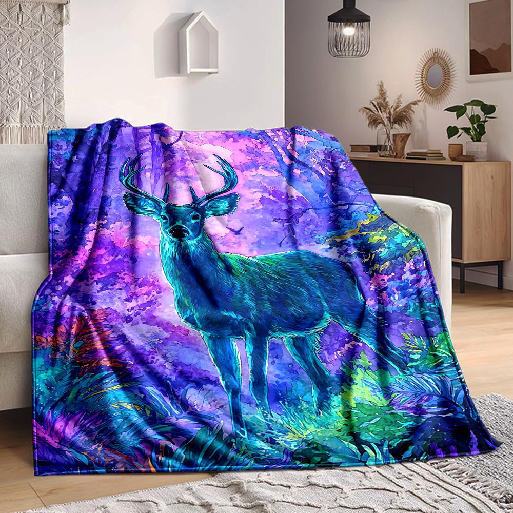 1Pc Fantasy Deer Forest Flannel Blanket, Soft And Comfortable, Casual Warm, Camping Travel, Christmas, Halloween Xmas Gift. Eg19