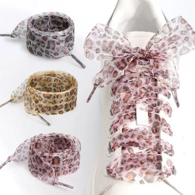 1 Par Mulheres Largura 2,5cm Organza Chiffon Leopardo Cadarços Comprimento 80-160CM Cadarços Laço para Tênis de Lona Cadarços para Sapatos Brancos