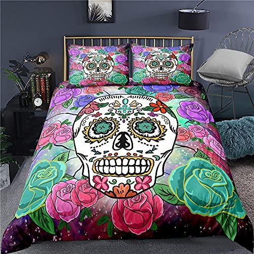Schädel Rose Skelett Thema Bettbezug Set Polyester Bettdeckenbezug mit Kissenbezug für Kind Junge Teenager King Queen Size Bettwäscheset