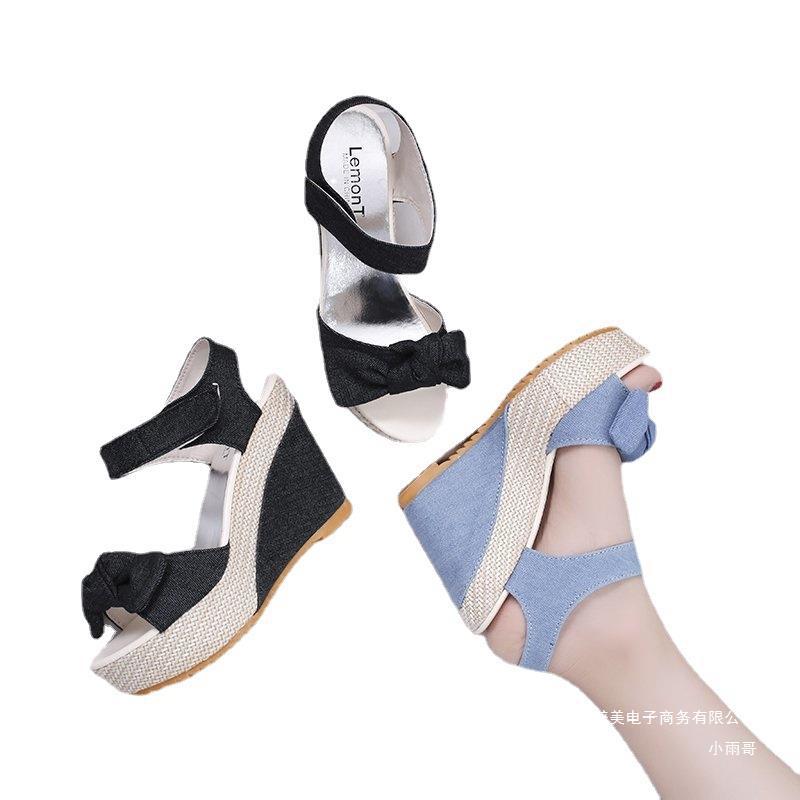 Ladies Platform Denim Sandals Fashion Bow Mixed Colors Wedges High Heels Women's Sandals Casual Party Woman Shoes