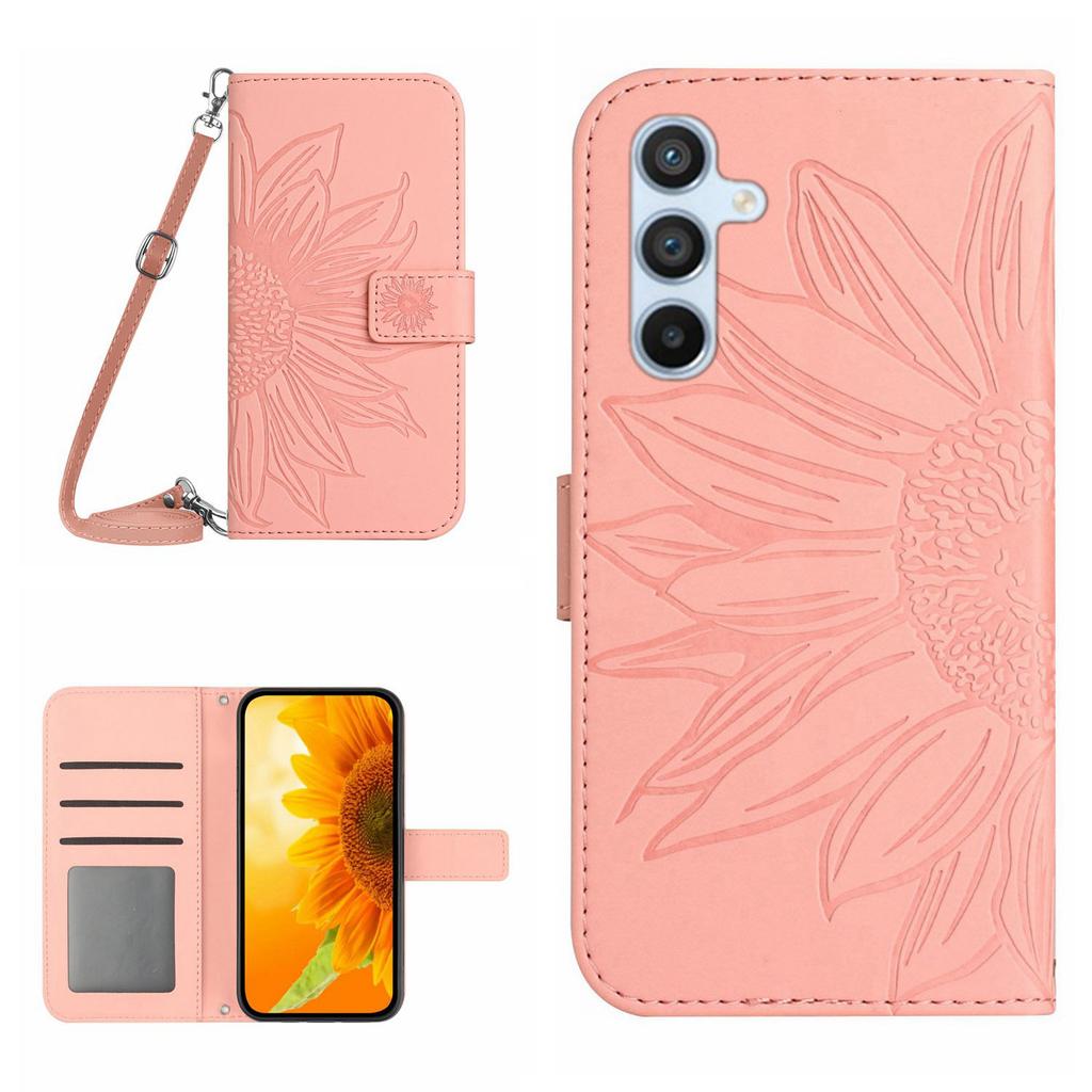 HT04 For Samsung Galaxy A56 5G/M56 5G Case Sunflower Imprint PU Leather Phone Cover with Long Strap