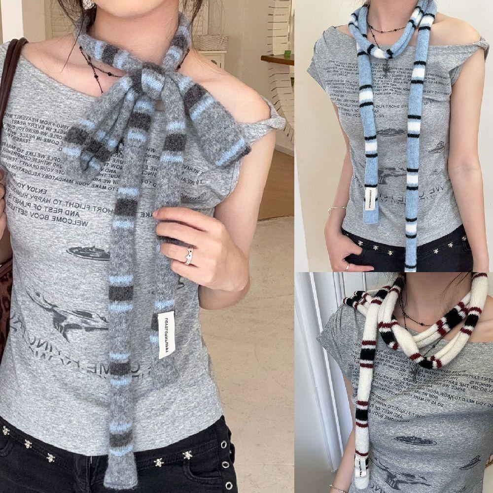 Korean Knitted Striped Skinny Scarf Stackable Wear Warm Decorative Scarf DIY Soft Long Narrow Scarf Fashion Match