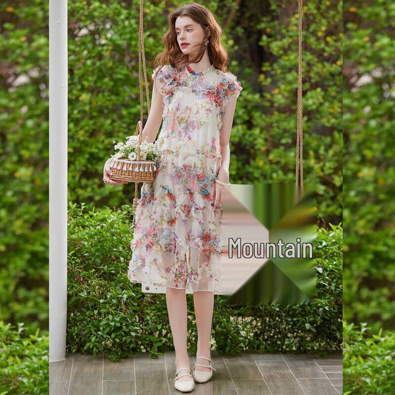 Women s Floral Print Flutter Sleeve Midi Dress S