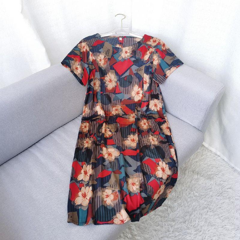 Silk Dress Women's Waist-Tight Slimming Midi Dress Summer New Arrival Print Age-Reducing Middle-Aged Mom Skirt