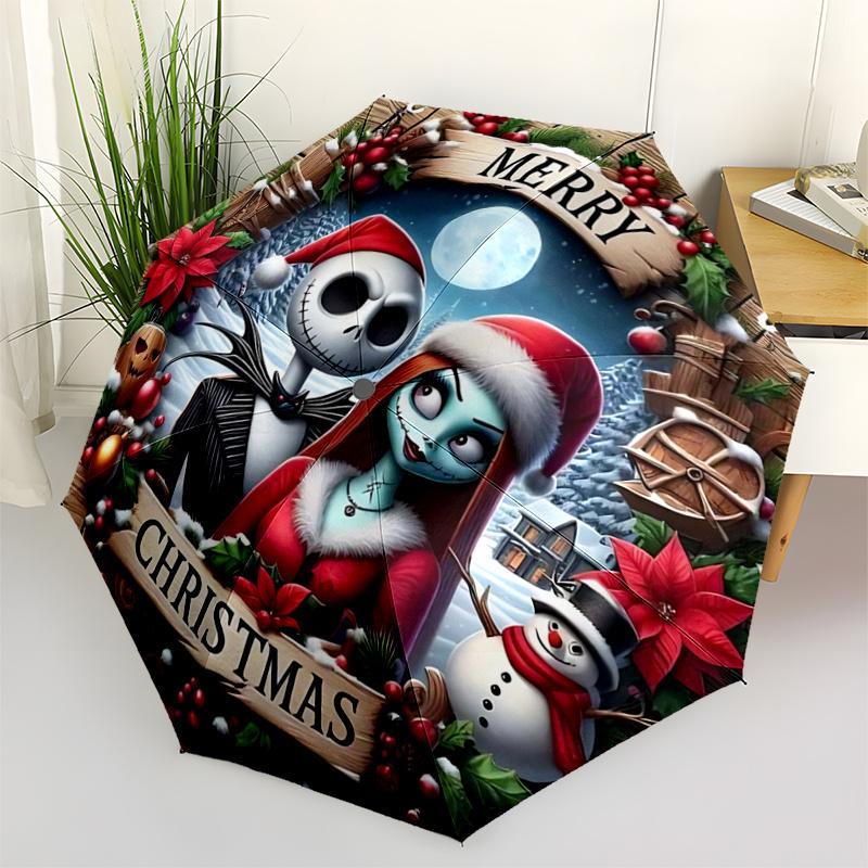 1pc Merry Christmas Jack Skellington & Sally Holiday Wreath with Automatic Opening Umbrella, Portable Tri-Fold Design, 8-Bone Iron Frame Out