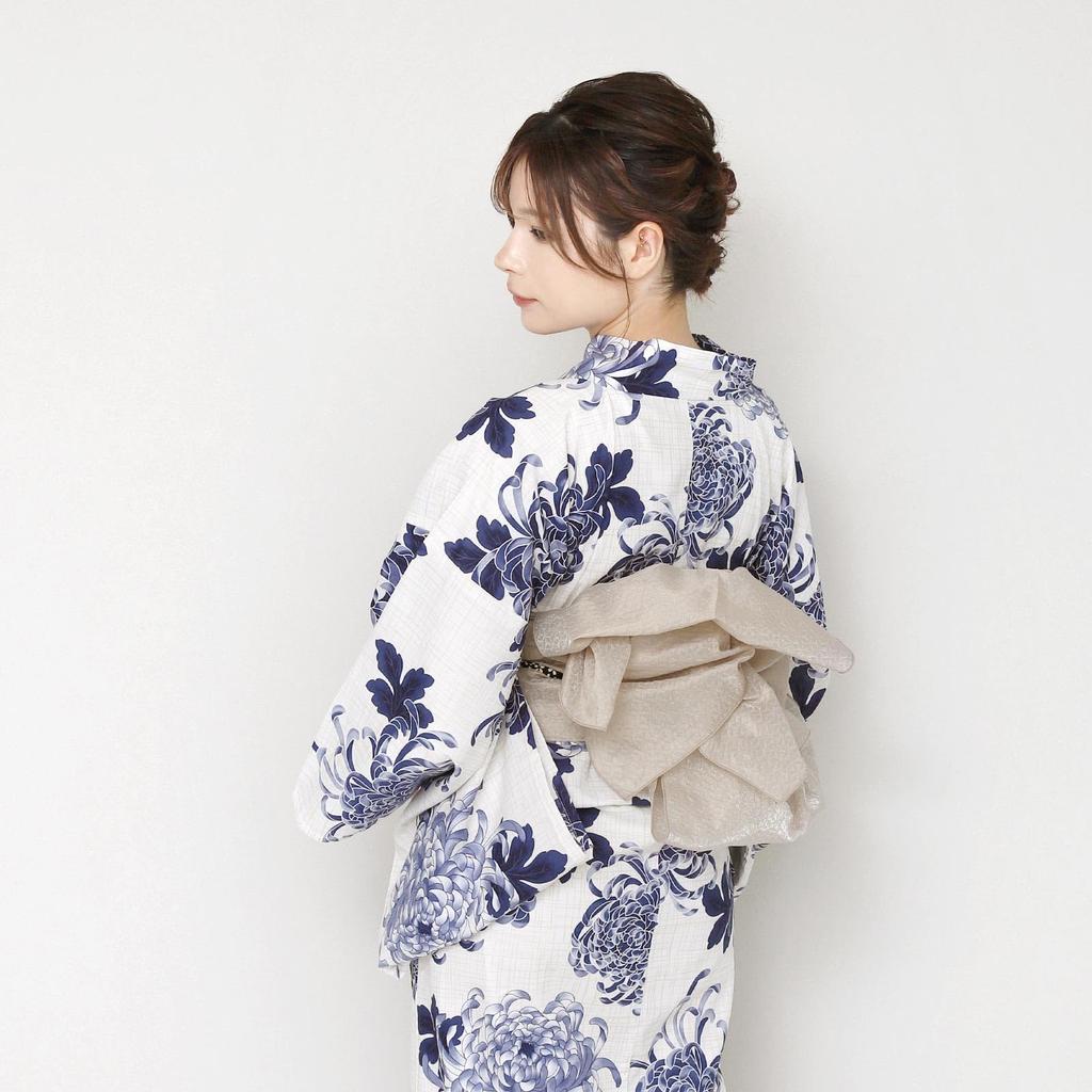 Fuuka Yukata für Erwachsene, Einheitsgröße, passend für Rangiku, mit Obi im Damen-Set, zweiteiliges Set, Größe, Die meisten, (Blau Weiss) (Sandbeige) (Hergestellt in Japan)