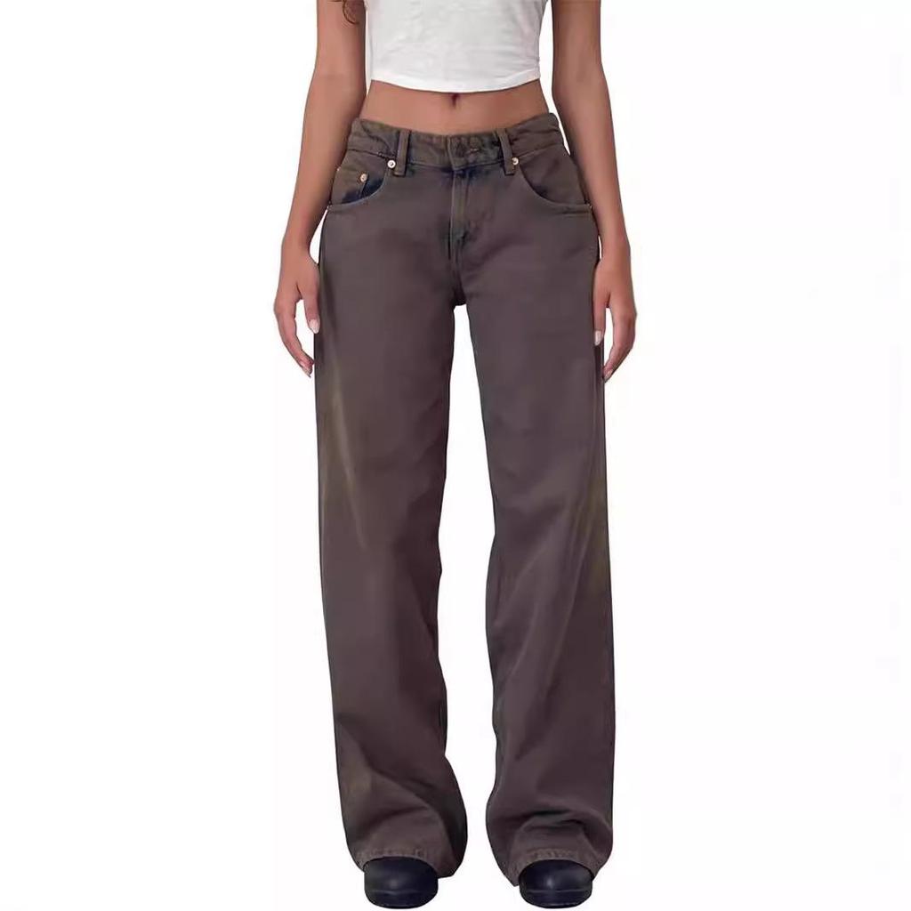 2026 Women's Casual Wide-Leg Non-Stretch Washed Denim Jeans - American Retro Low Waist