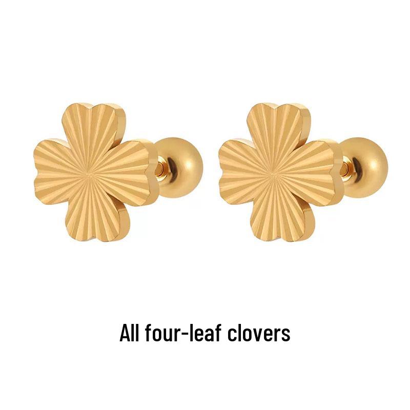 Korean Style Laser-Etched Four-Leaf Clover Heart Ear Studs - Fashionable Titanium Steel Earrings for Women