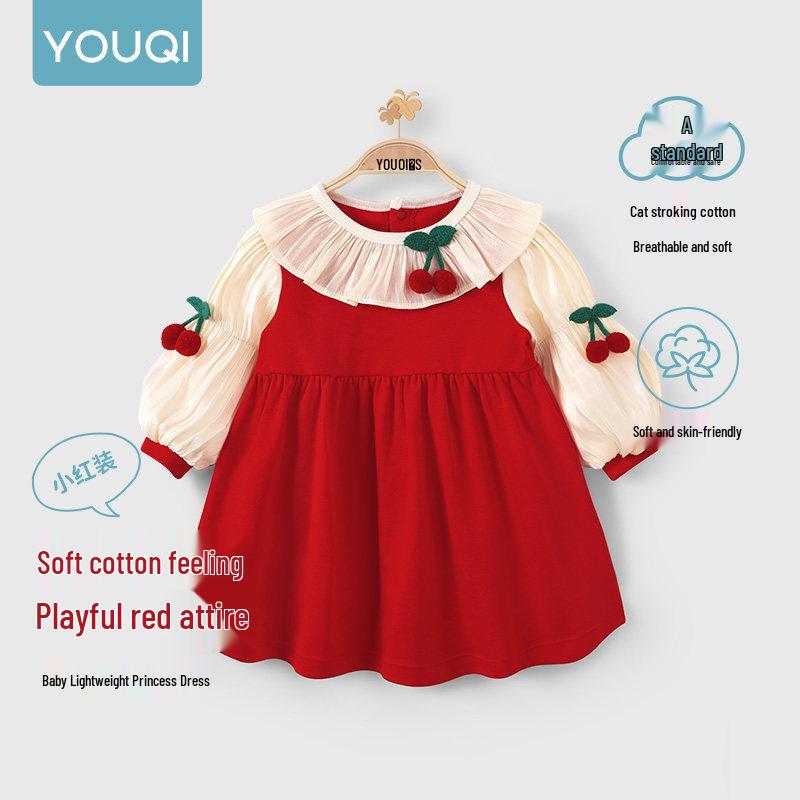 Youqi Red Baby Girl Autumn Princess Dress – Stylish 100-Day First Birthday Gown