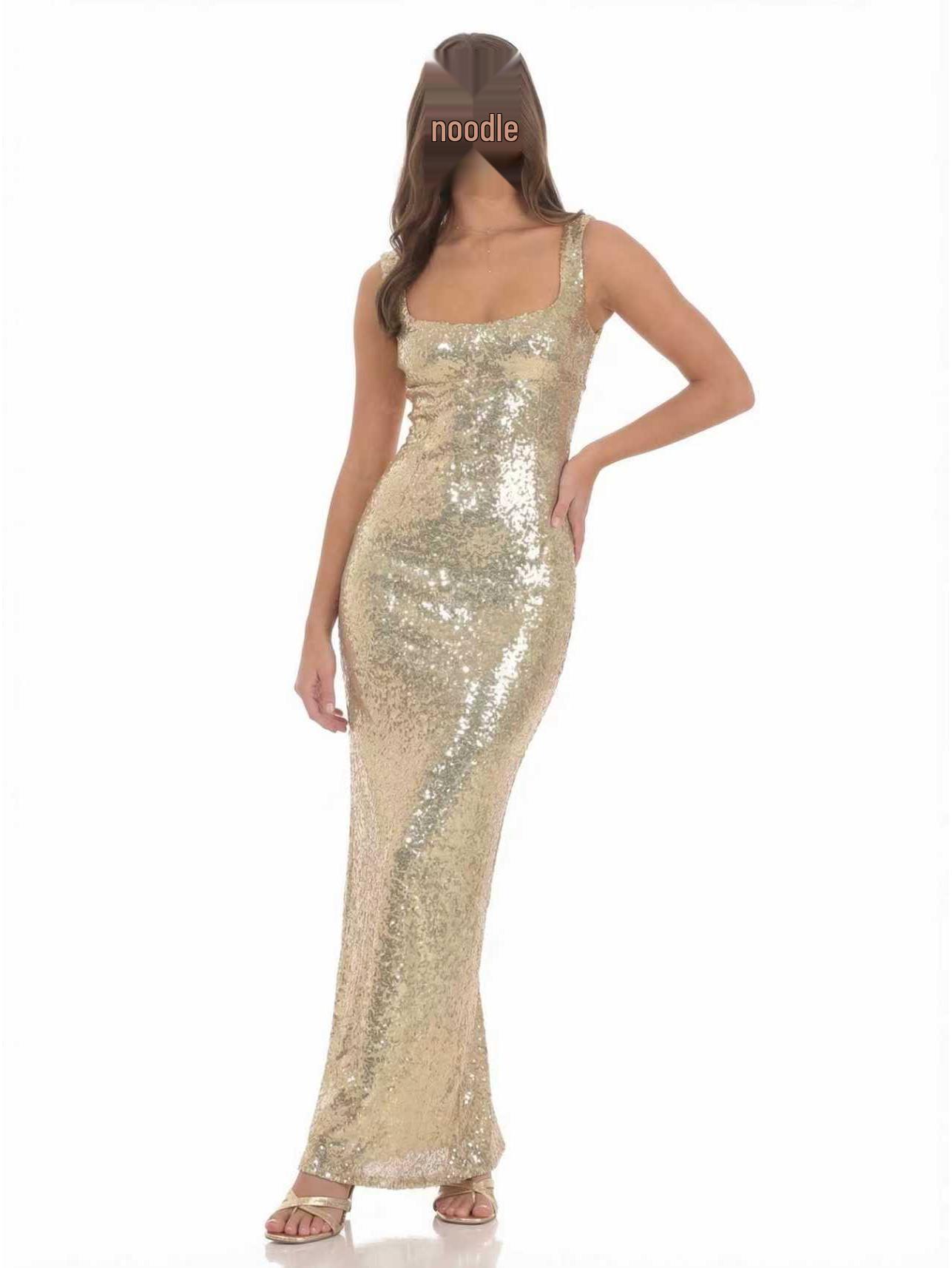

Sleeveless Sequin Lace-Up Bodycon Dress with Thin Straps and Backless Design XL золотой