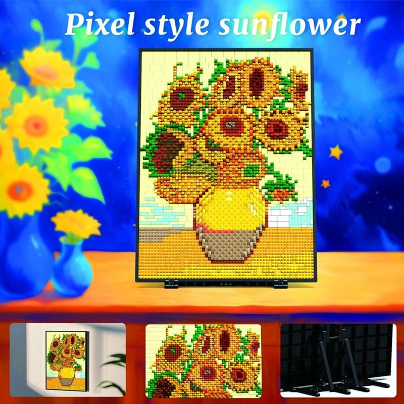 World Famous Creative Moc Sunflower View Series Plant Building Block Oil Painting Yellow Flowers Brick Model Toy