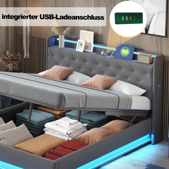 LED Polsterbett 140x200cm mit USB-Ladeanschluss und hydraulischem Stauraum, hautfreundlicher Leinenstoff Grau