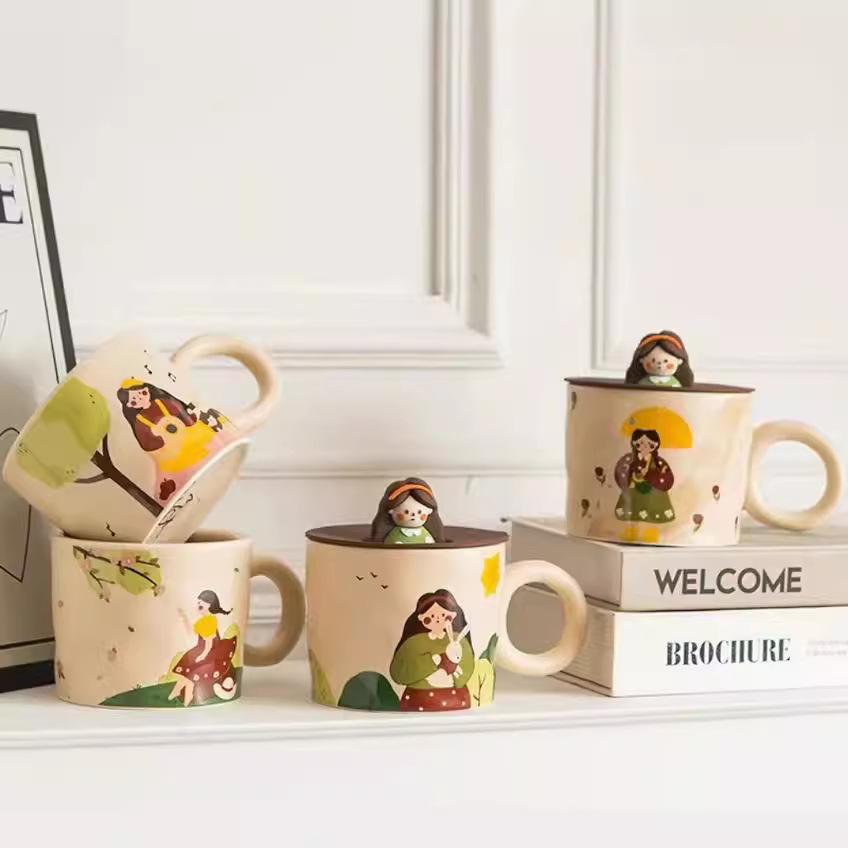 Retro Cartoon Girl with Lid Mug Couple Water Cup Office Household High Value Ceramic Breakfast Cup Drinking Cup