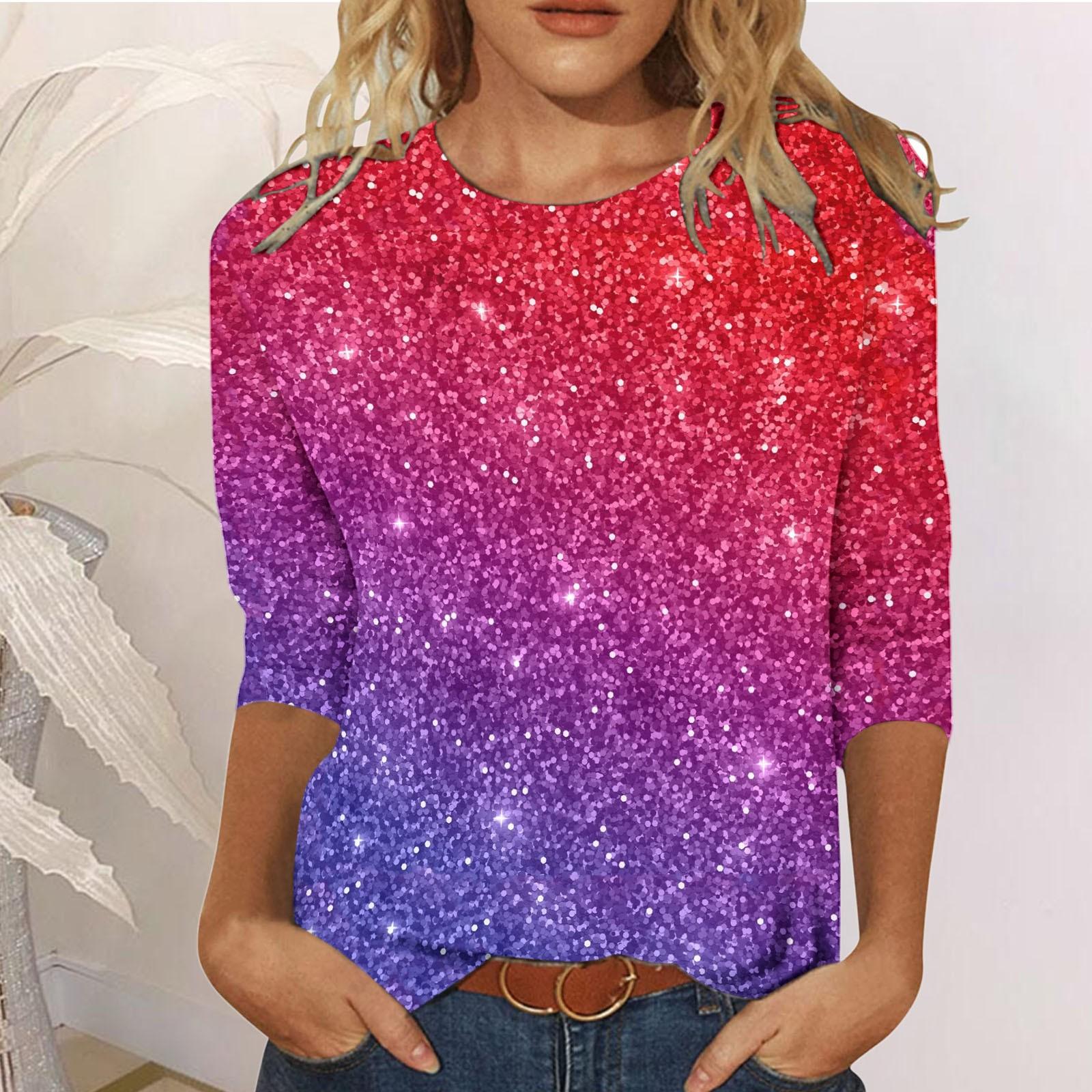 

Футболки Mardi Gras для женщин, праздничная футболка с принтом блесток, рукав 3/4, с круглым вырезом, карнавальная уличная одежда, топы, одежда 6XL