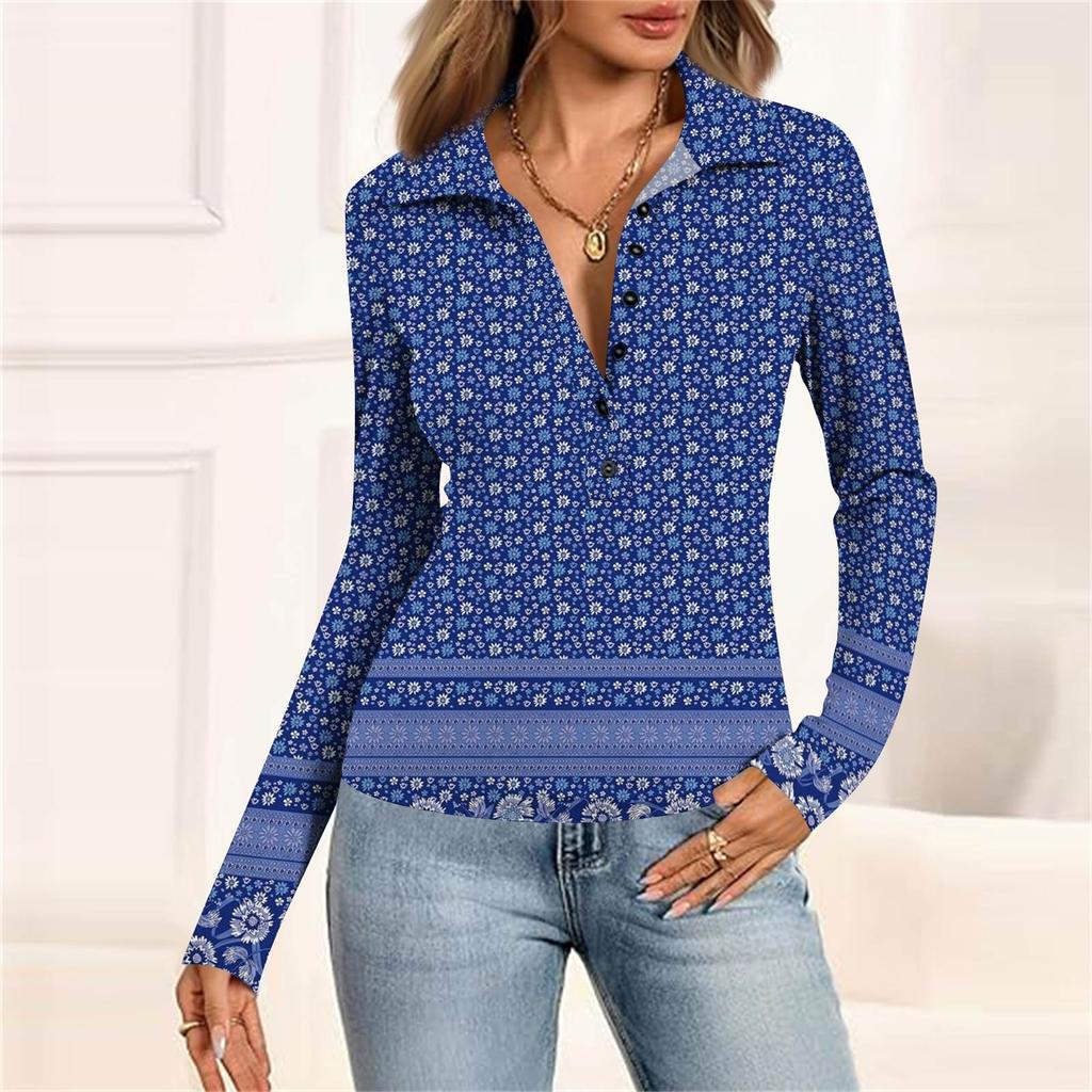 Women's Fashion Casual Printed V-Neck Long Sleeve Button-Down Top