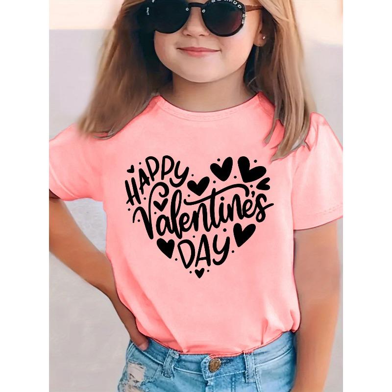 European Sizes Girls' Casual Summer Short-Sleeve T-Shirt | Happy Valentine'S Day Heart Cartoon Print, Crew Neck, Slight Stretch Fabric, Regular Fit