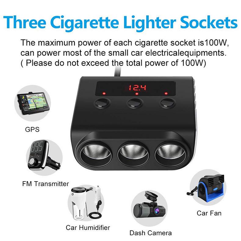 High Power Car Charger: 1 To 3 Lighter Socket Extension & 4-Port USB with Independent Switches TR12