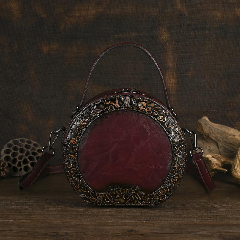 

Женская кожаная сумка Johnature Circular Retro с тиснением вручную, универсальные сумки через плечо бордовый