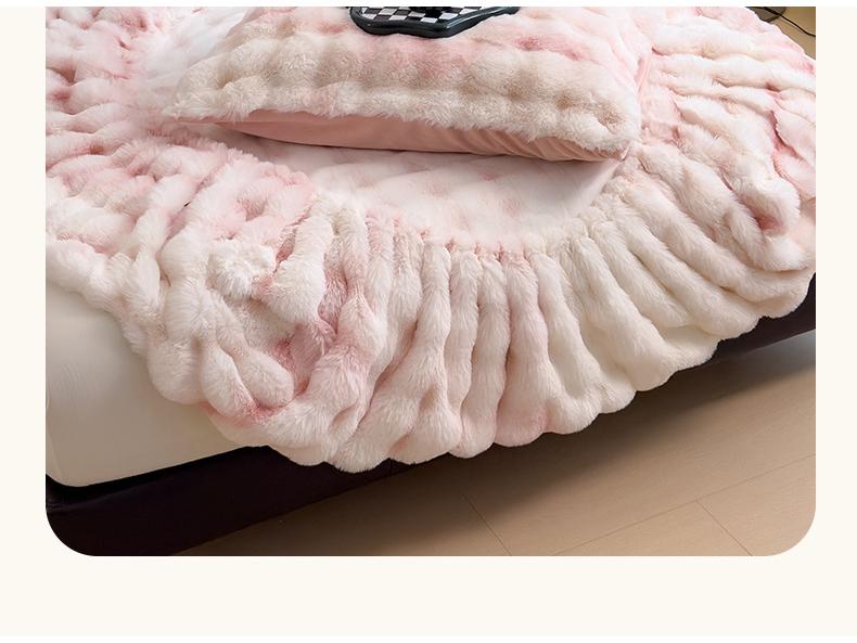Plush Fleece-Lined Rabbit Fur Fitted Sheet Set - Double Bed, Winter Warmth, 3-Piece Mattress Protector