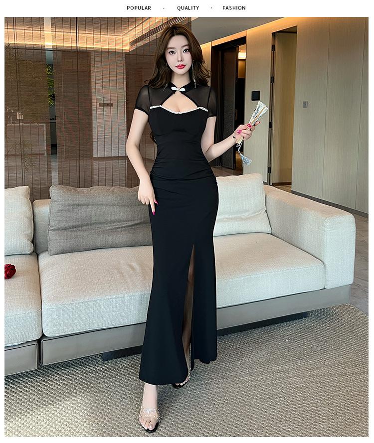 New split cheongsam long mesh splicing sexy low-cut short-sleeved slim-fitting hip-wrapped dress temperament work clothes