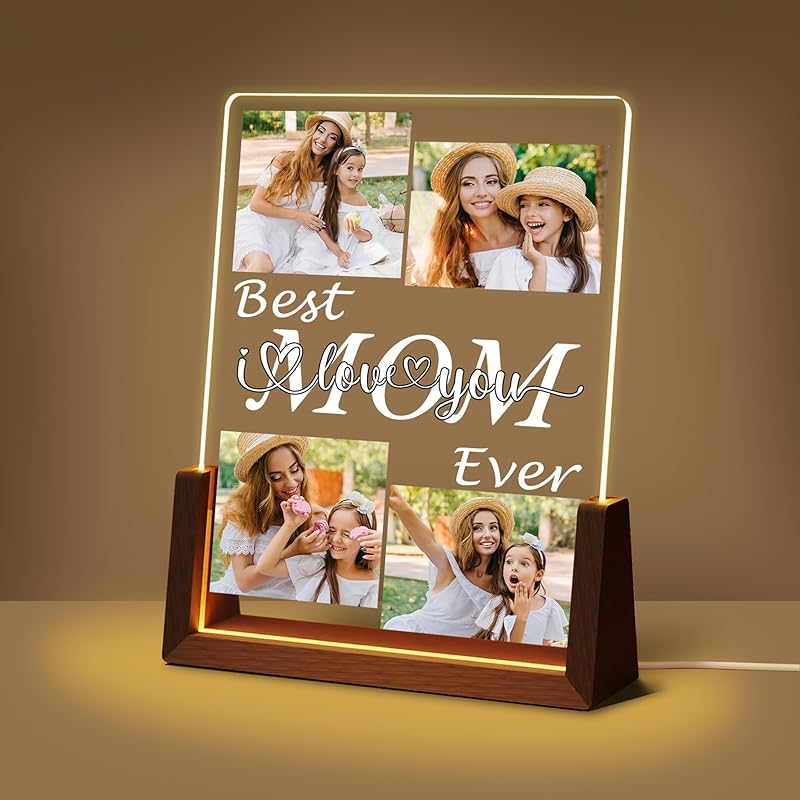Personalized Mothers Day Unique Gifts for Mom Wife, Mom Gifts from Daughter Son Husband, Custom Acrylic Night Light Picture Frame with Photo Name,
