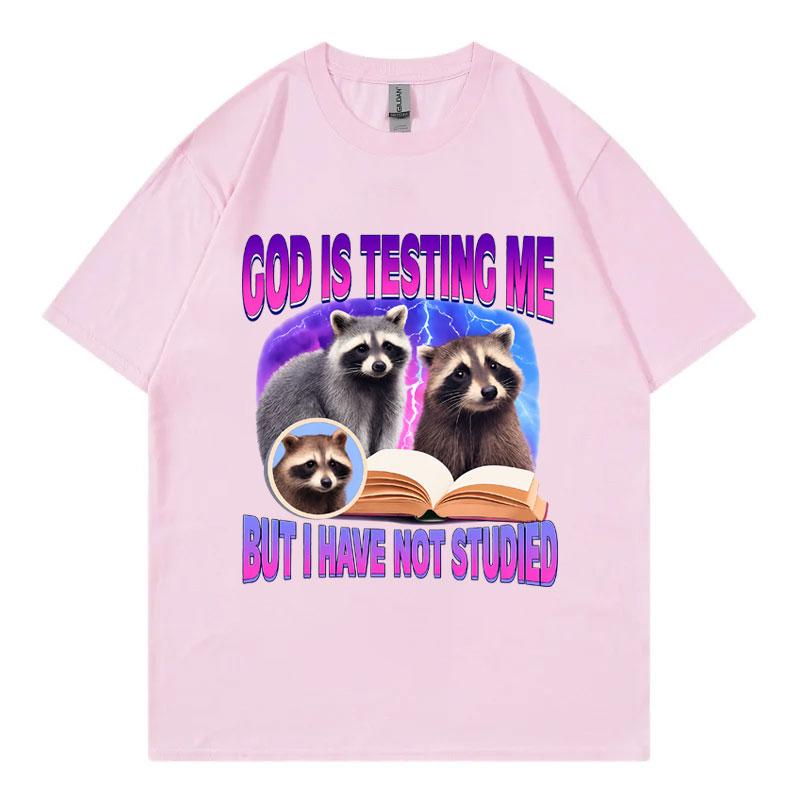 God Is Testing Me But I Have Not Studied Raccoon Funny Meme T Shirt Fashion Y2k Oversized Tshirts Unisex Casual Cotton Tshirt