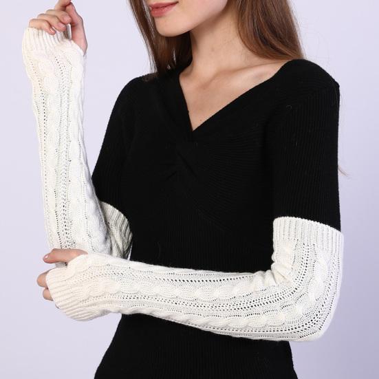 1 Pair Women Arm Warmer Thumbhole Elbow Length Stretchy Knitted Arm Sleeves Keep Warm Solid Color Fingerless Arm Gloves