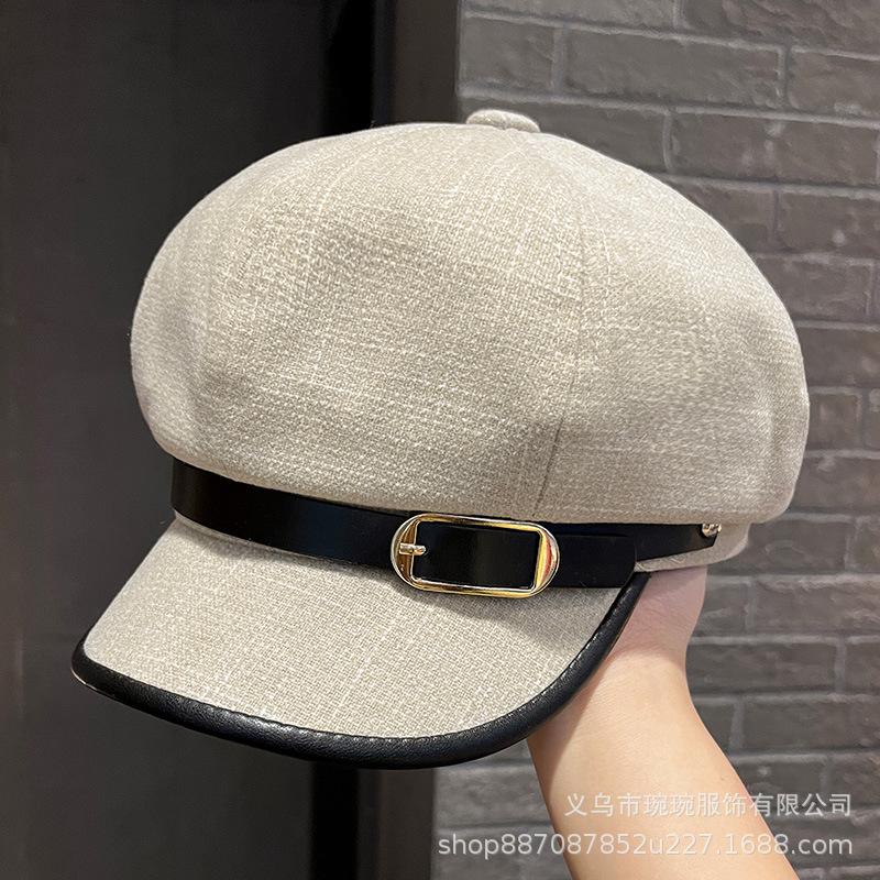 Autumn and winter new simple belt octagonal hat women's fashion versatile cap outdoor woolen warm newsboy hat